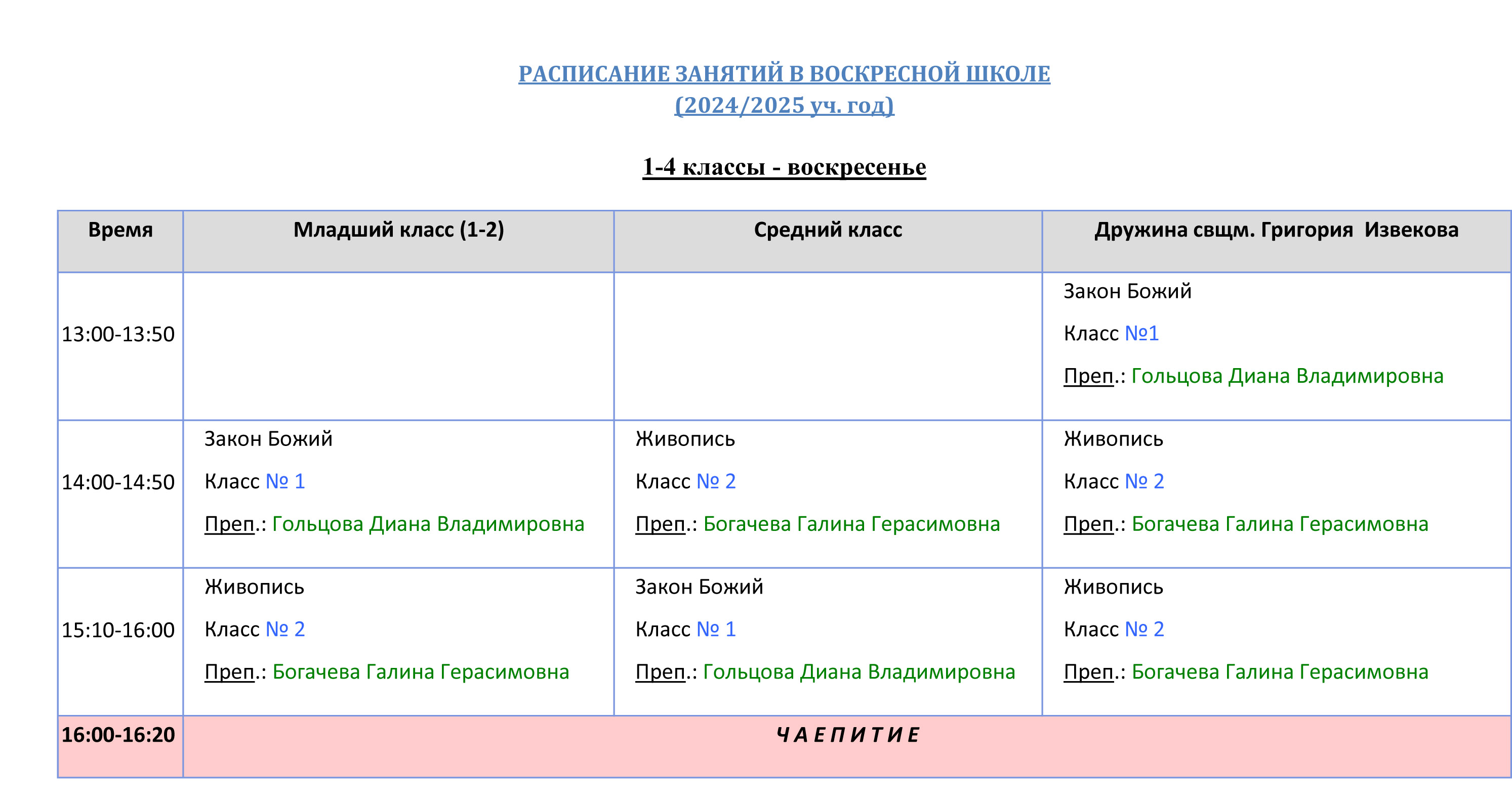 Расписание занятий в воскресной школе на 2024-2025 учебный год Расписание занятий в воскресной школе на 2024-2025 учебный год